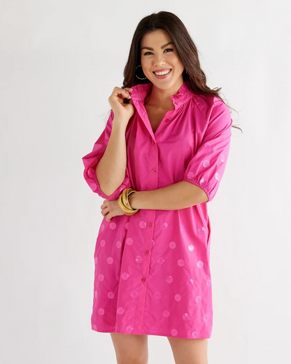Celia Sparkle Fuschia pink poplin dress with sequin dots and ruffled collar, Caryn Lawn