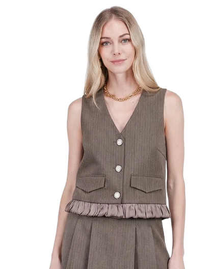 Ruffles Hem Vest - Brown Herringbone