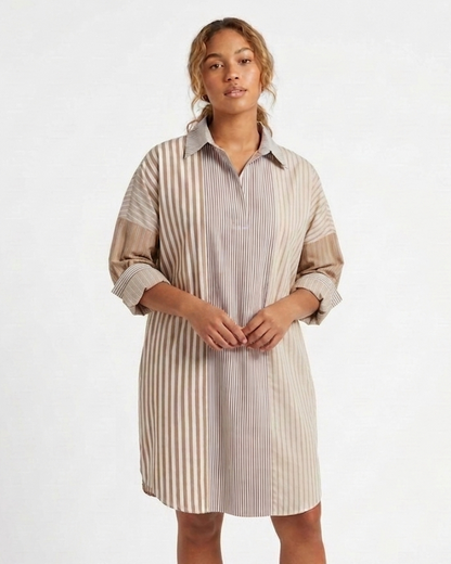 Preppy Patchwork Khaki striped shirt dress by CARYN LAWN, Women's Dresses & Jumpsuits collection