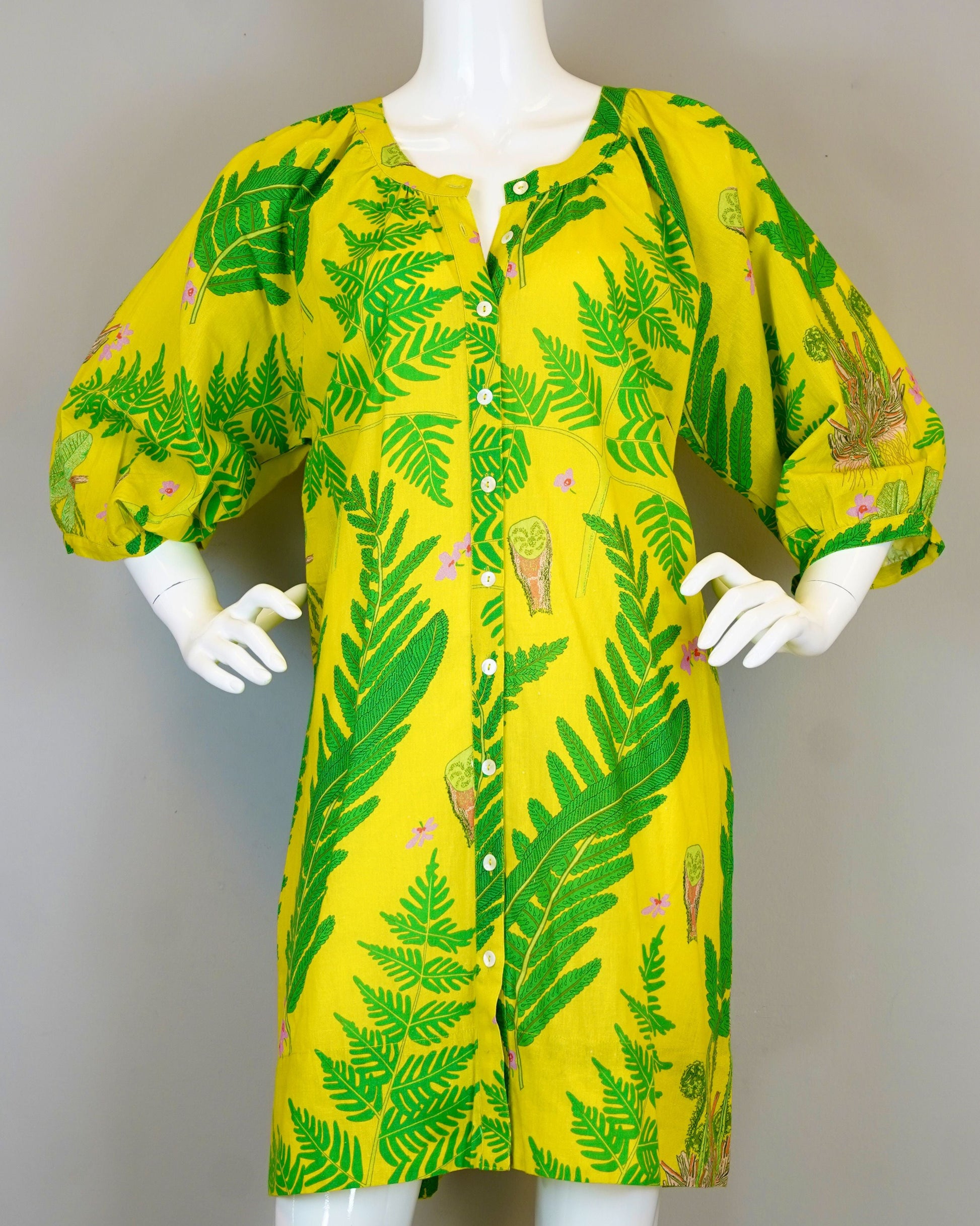 Luna Dress - Fern - Chartreuse, yellow cotton flex with green fern print and button front, Fredericksburg TX