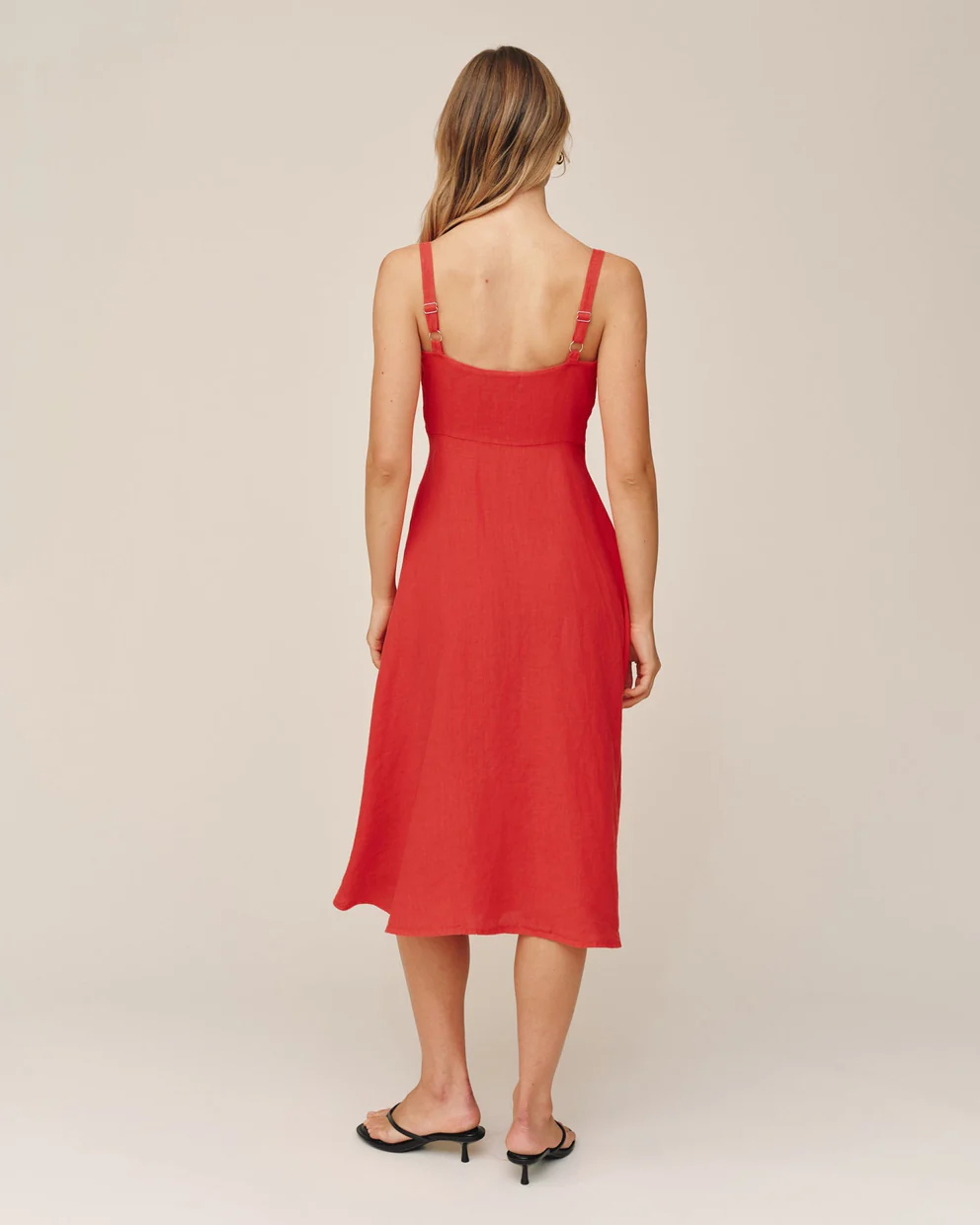 Apron Midi Dress in red with adjustable straps and flared skirt by BELLA DAHL at HCO Fredericksburg