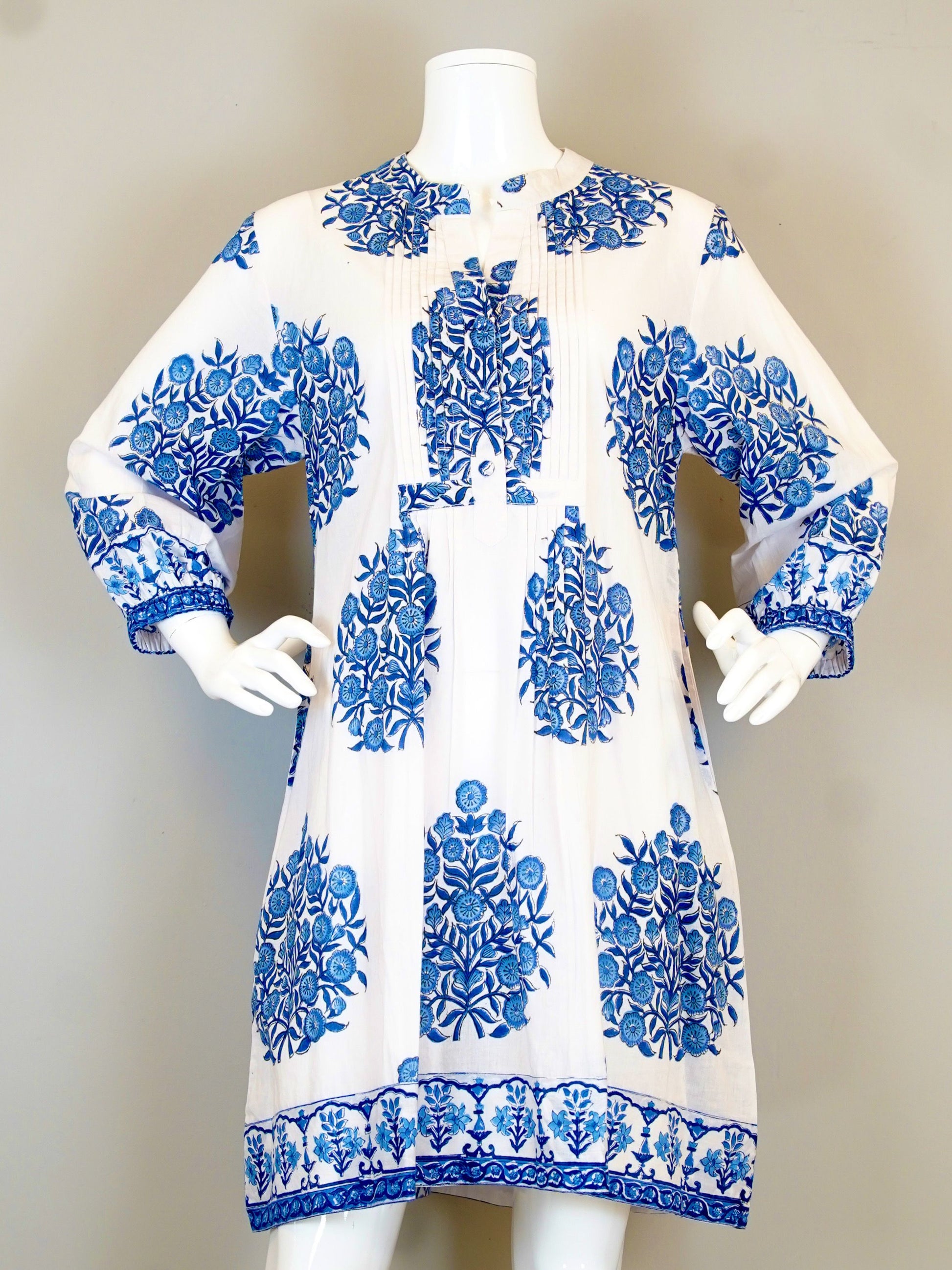 Vineyard Dress - Mughal Block Print - White/Blues cotton dress by LA PLAGE CABANA, HCO Fredericksburg
