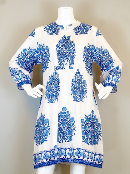 Vineyard Dress - Mughal Block Print - White/Blues cotton dress by LA PLAGE CABANA, HCO Fredericksburg