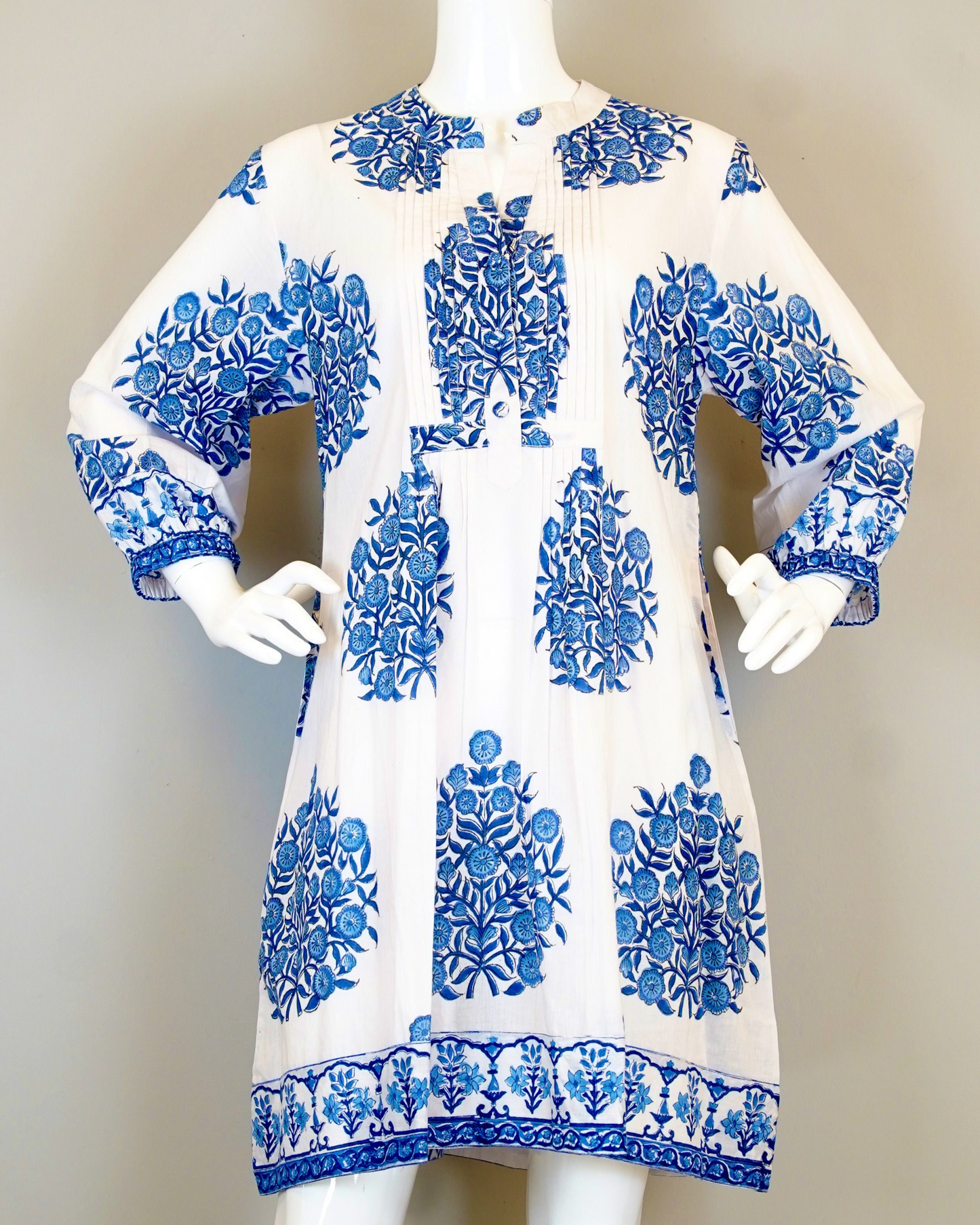 Vineyard Dress - Mughal Block Print - White/Blues cotton dress, women's apparel, HCO Fredericksburg