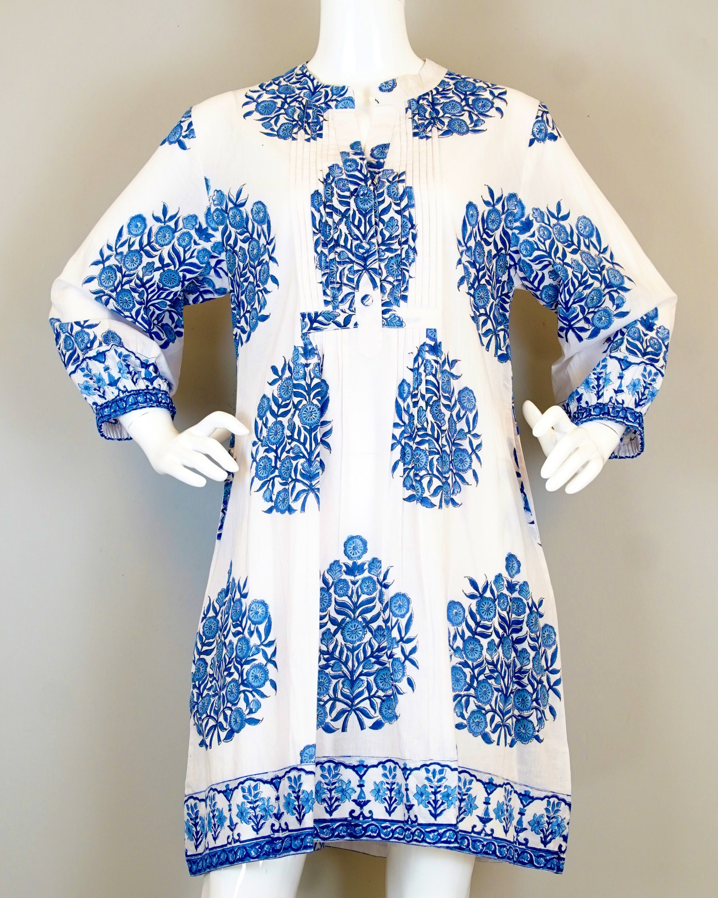 Vineyard Dress - Mughal Block Print - White/Blues