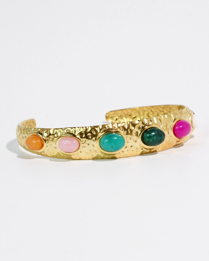 Paraiso Bangle with hammered gold cuff and colorful oval gemstone accents by TREASURE JEWELS