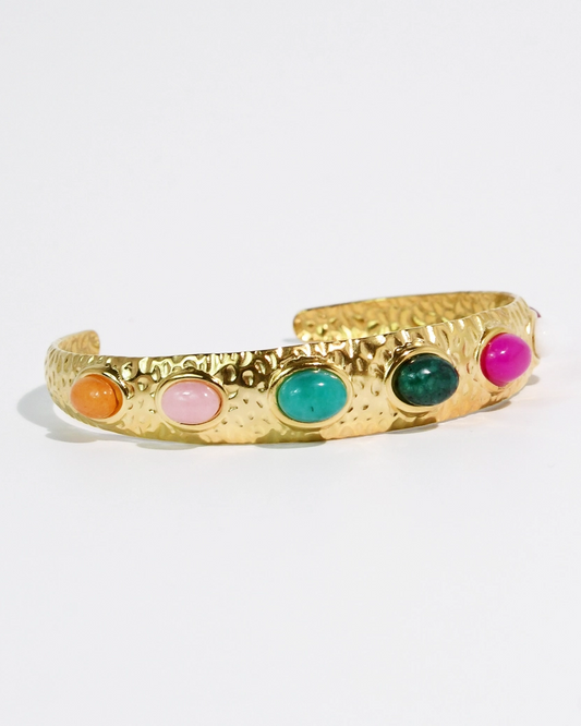Paraiso Bangle with hammered gold cuff and colorful oval gemstone accents by TREASURE JEWELS