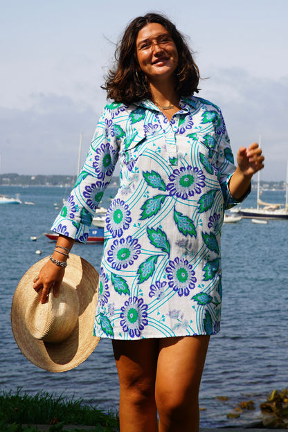 La Jolla Dress - Funky Floral, White/Peri/Green cotton flex with playful blooms, Fredericksburg TX boutique