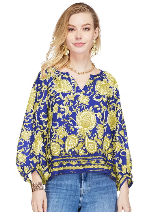 Peasant Bishop Sleeve Top - Purple/Gold Vines