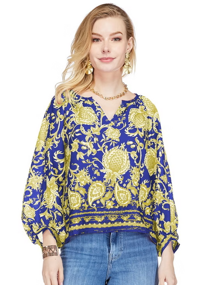 Peasant Bishop Sleeve Top - Purple/Gold Vines
