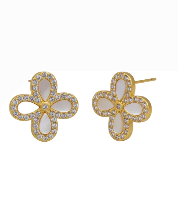 Gold mop flower CZ stud earrings, teardrop petals with clear stone border