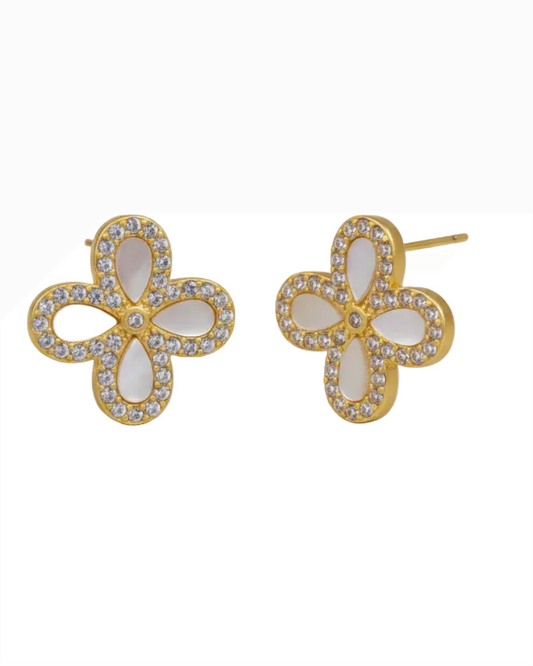 Gold mop flower CZ stud earrings, teardrop petals with clear stone border