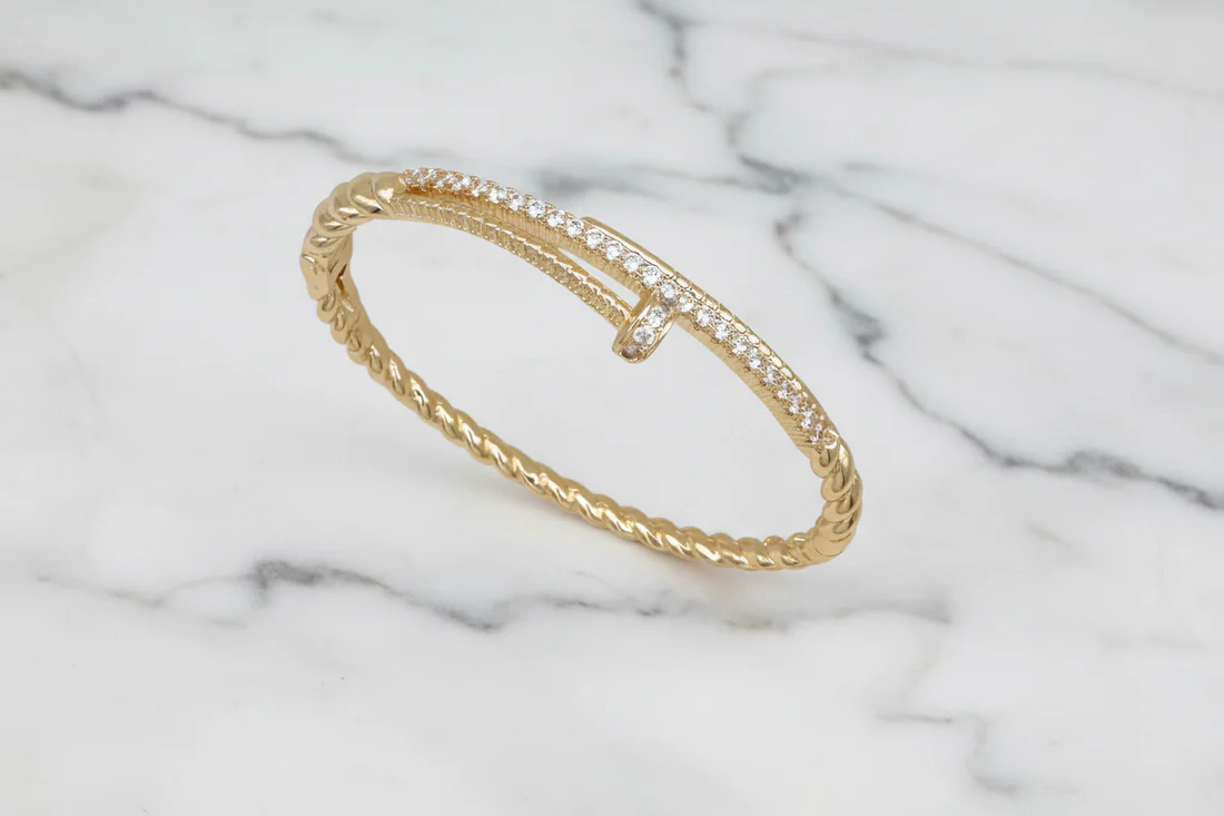Pave Nail Bangle - Gold with sparkling CZ accents, 14K gold plated steel by FOSSICK IMPORTS