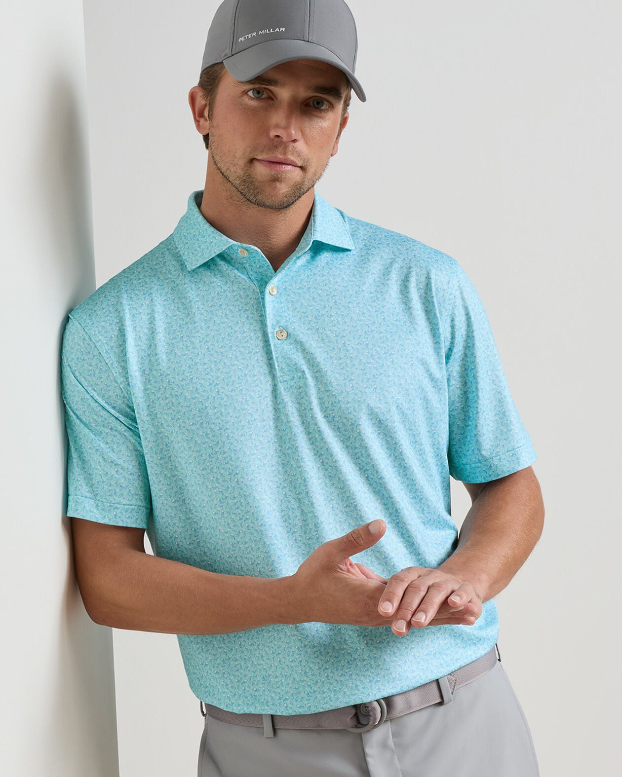 Jellyfish Performance Jersey Polo in blue animal print with moisture wicking and UPF 50+ protection