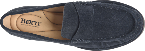 Maris penny loafer in blue suede with cushioned insole by BORN, women's shoes at HCO Fredericksburg