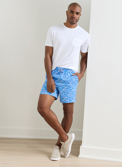 Sunfish Swim Trunk in blue animal and geometric print with quick-dry stretch fabric
