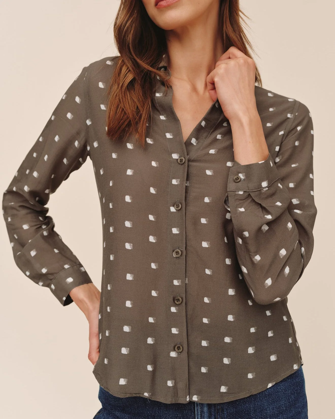 Classic Button Down - Olive Mosaic Print
