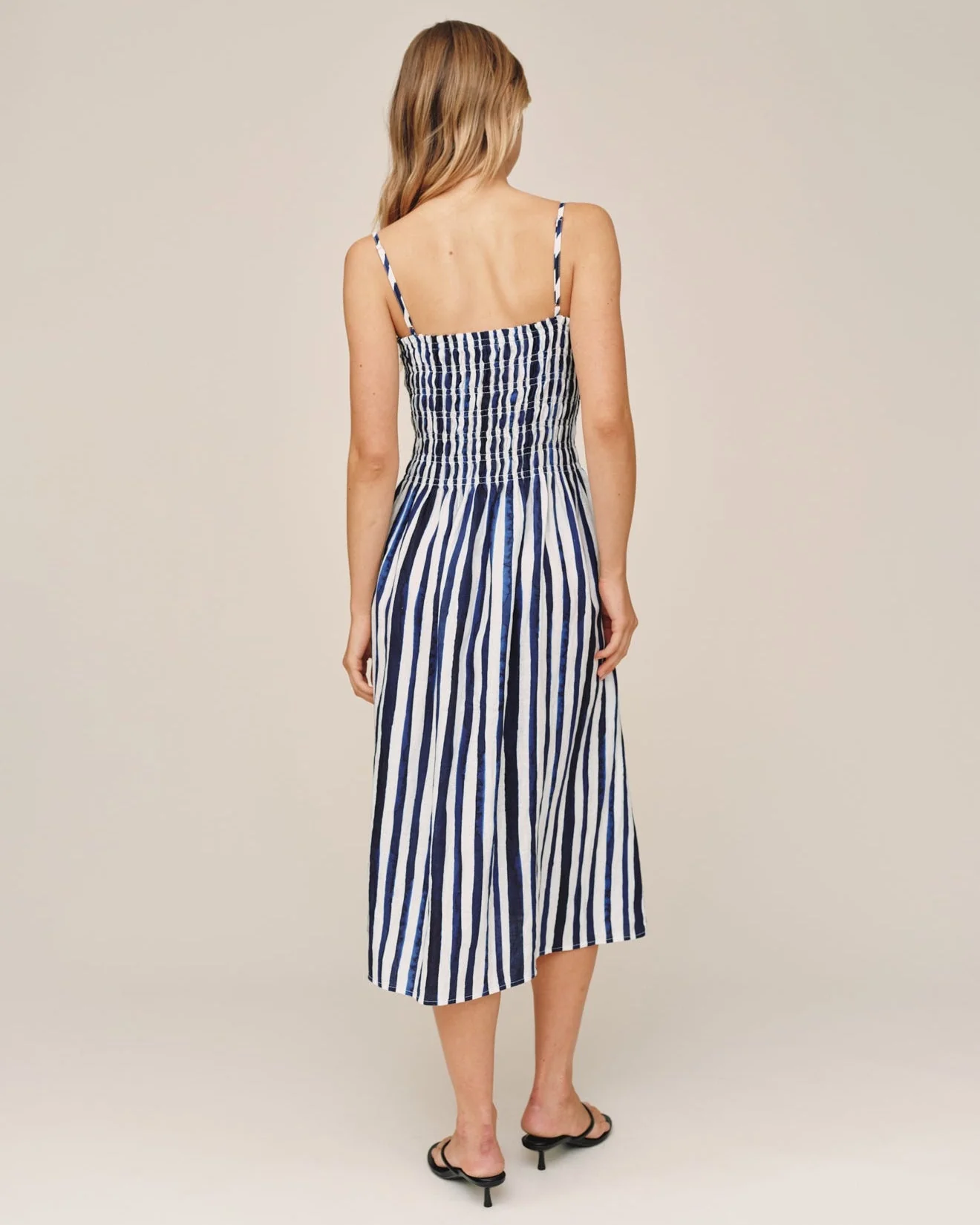 Smocked Midi Dress in blue and white stripes with adjustable straps by BELLA DAHL at HCO