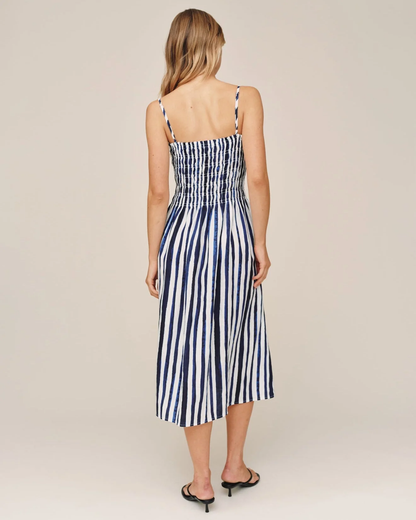 Smocked Midi Dress in blue and white stripes with adjustable straps by BELLA DAHL at HCO