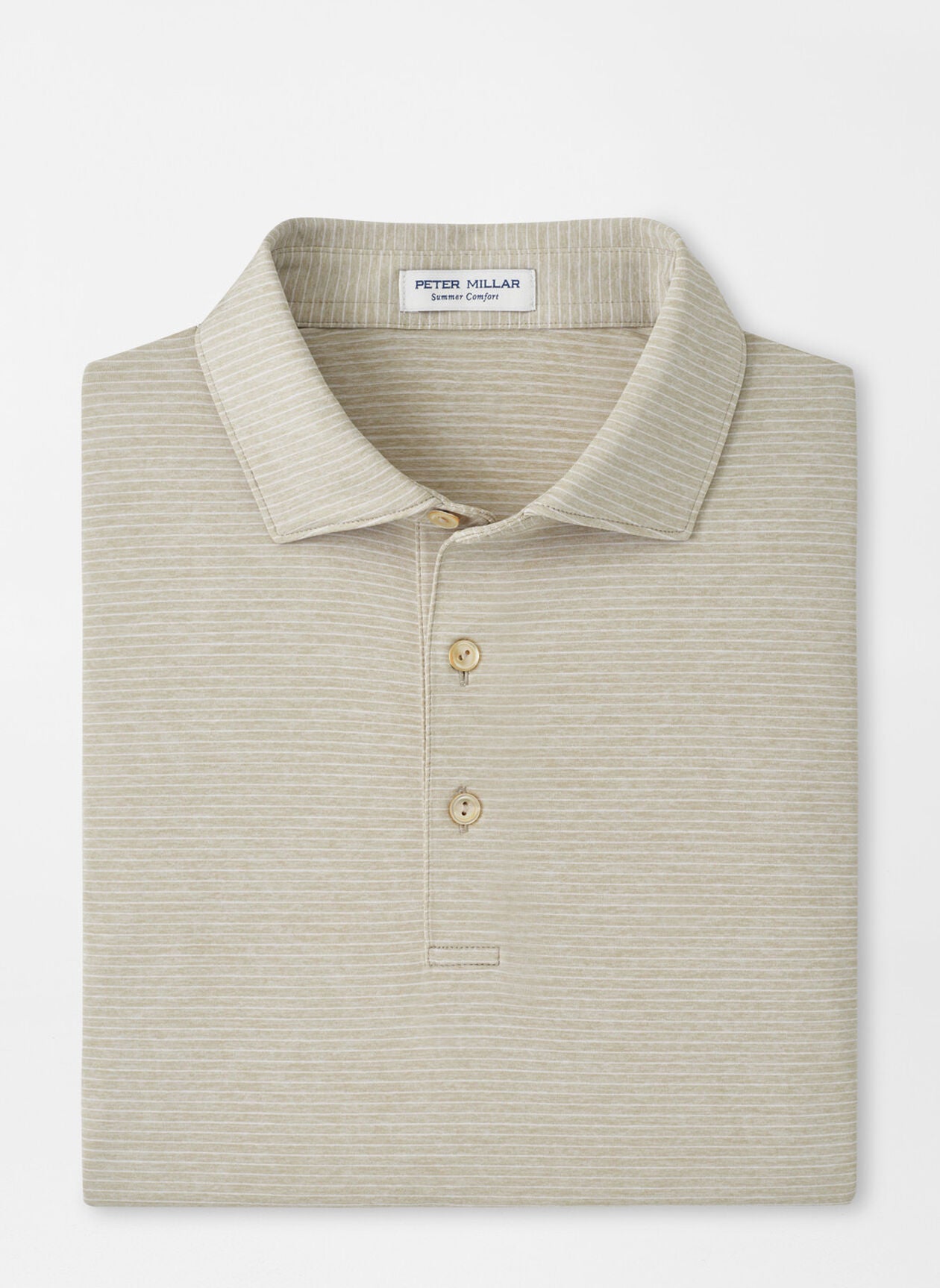 Highlands Performance Jersey Polo in beige stripe with moisture wicking and UPF 50+ protection