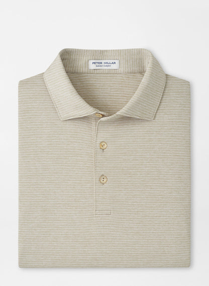 Highlands Performance Jersey Polo in beige stripe with moisture wicking and UPF 50+ protection