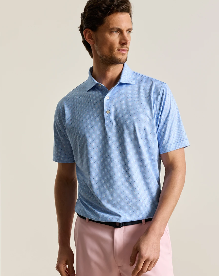 Rivington Performance Jersey Polo in blue geometric knit with moisture wicking, Peter Millar