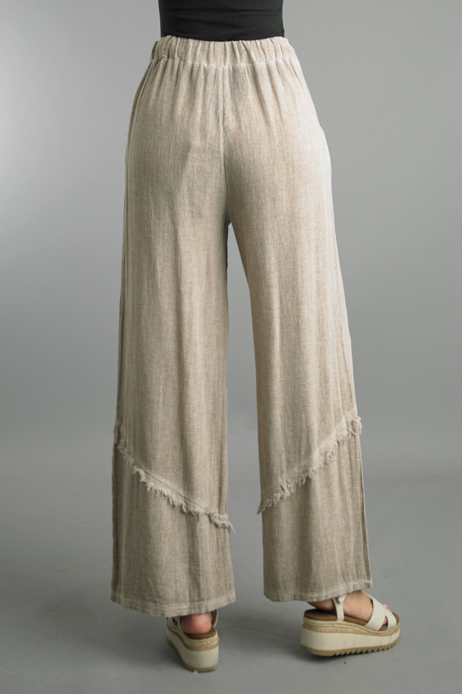 Palazzo Pants in beige wash linen with wide-leg fit, frayed hem, wrinkle-resistant by TEMPO PARIS