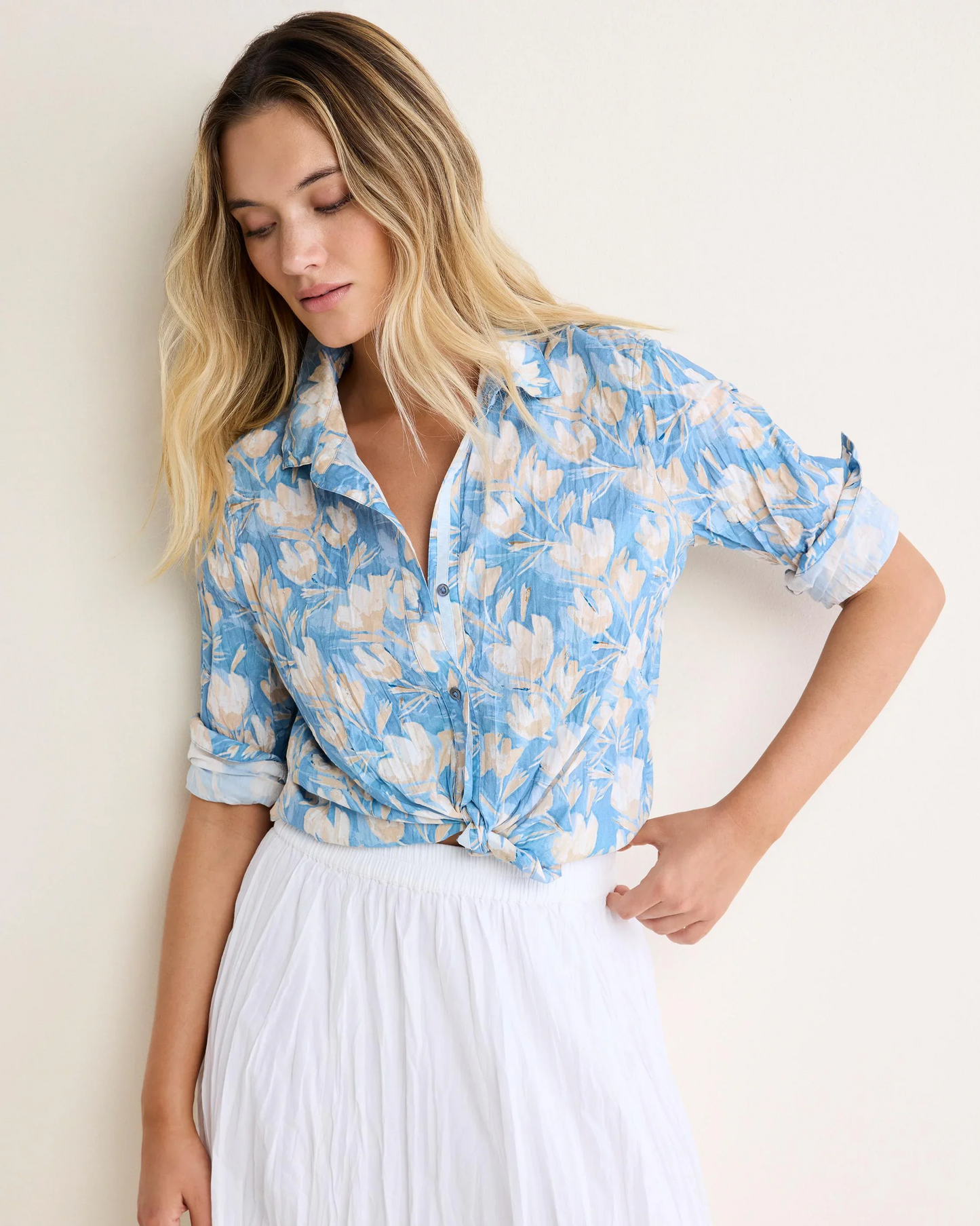 Shadow Floral Core Cotton Shirt in blue and beige floral cotton cambric by NIC AND ZOE