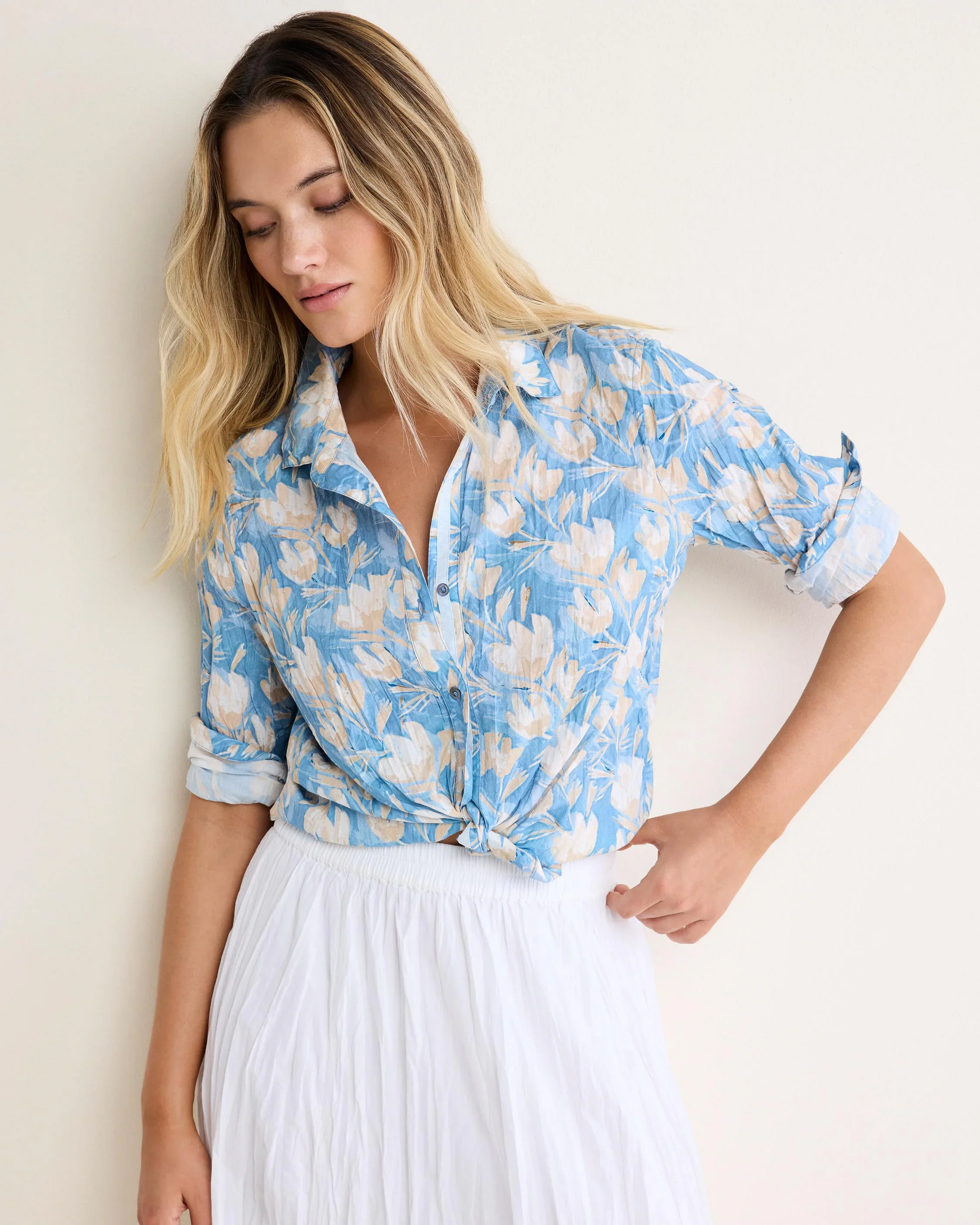 Shadow Floral Core Cotton Shirt in blue and beige floral cotton cambric by NIC AND ZOE