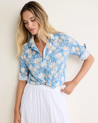Shadow Floral Core Cotton Shirt in blue and beige floral cotton cambric by NIC AND ZOE