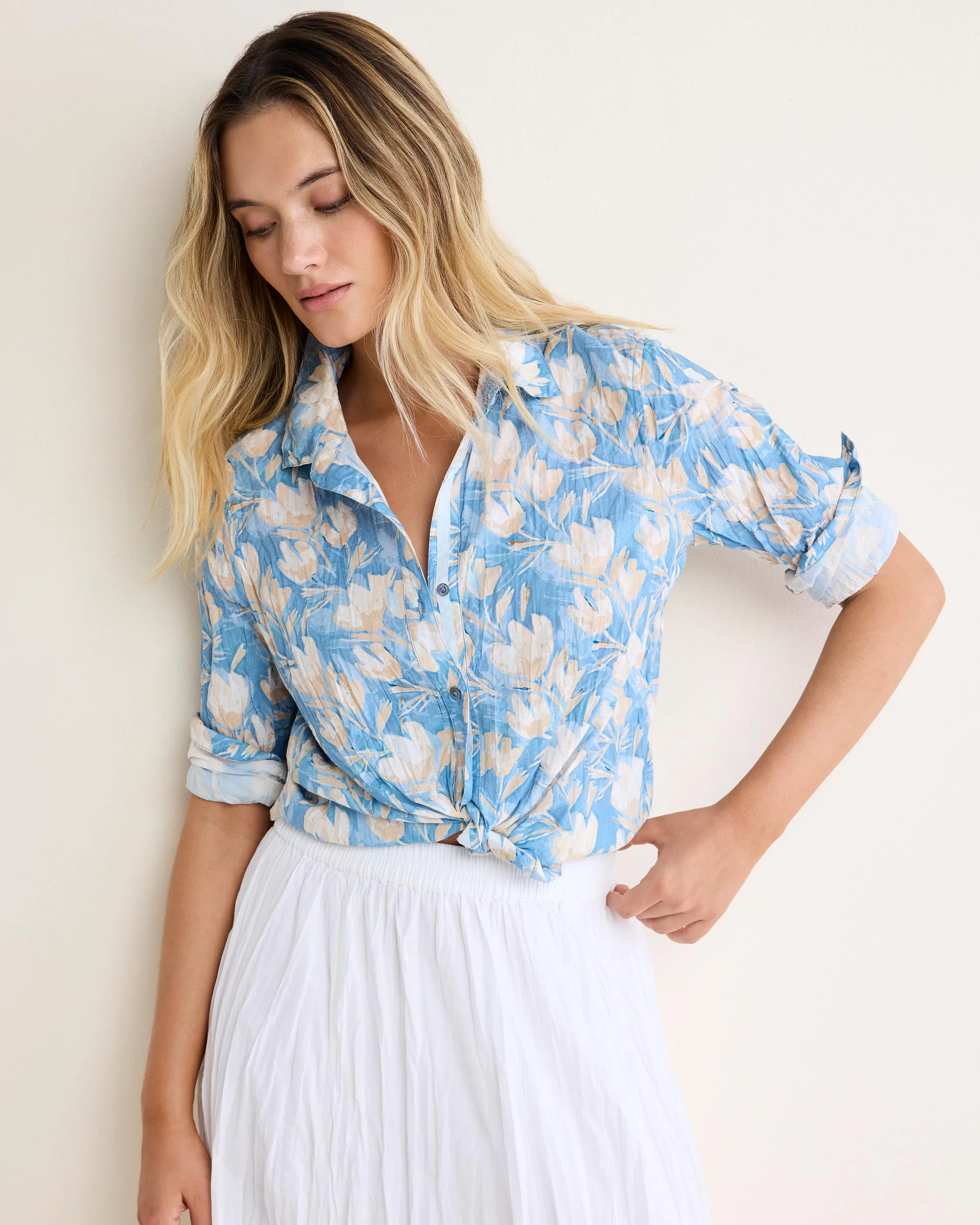 Shadow Floral Core Cotton Shirt in blue and beige floral cotton cambric by NIC AND ZOE
