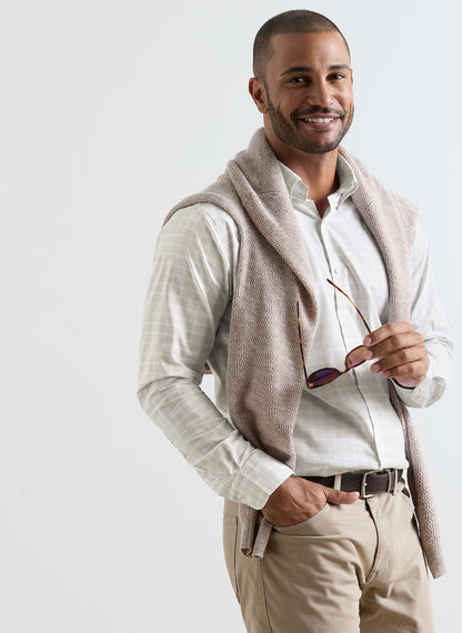 Douglas Crown Lite Cotton-Stretch Sport Shirt in white beige plaid with stretch and moisture wicking