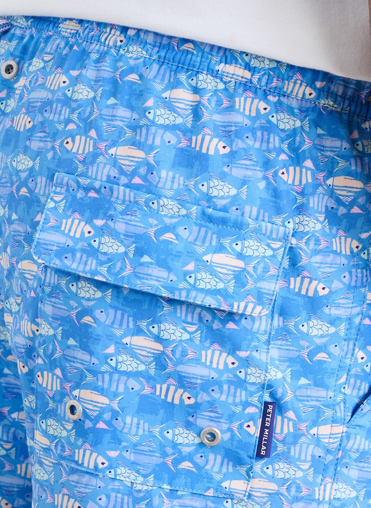 Sunfish Swim Trunk in blue geometric and animal fish print with quick-dry stretch fabric