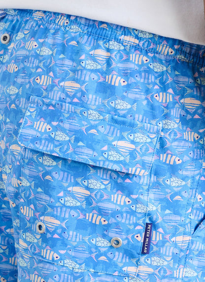 Sunfish Swim Trunk in blue geometric and animal fish print with quick-dry stretch fabric