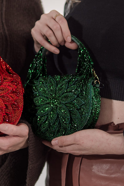 Emerald Dahlia Beaded Handbag with detailed floral beadwork and fringed handle, Women's Purses HCO LA CHIC