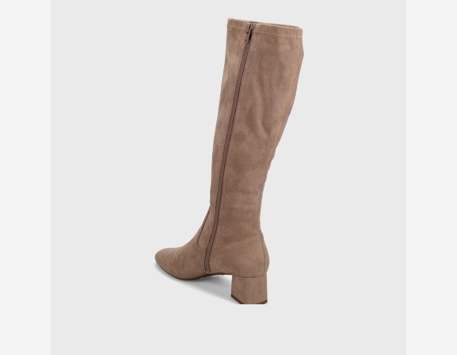 Zovy - Taupe Punto stretch suede knee-high boot with almond toe and covered heel by VANELI