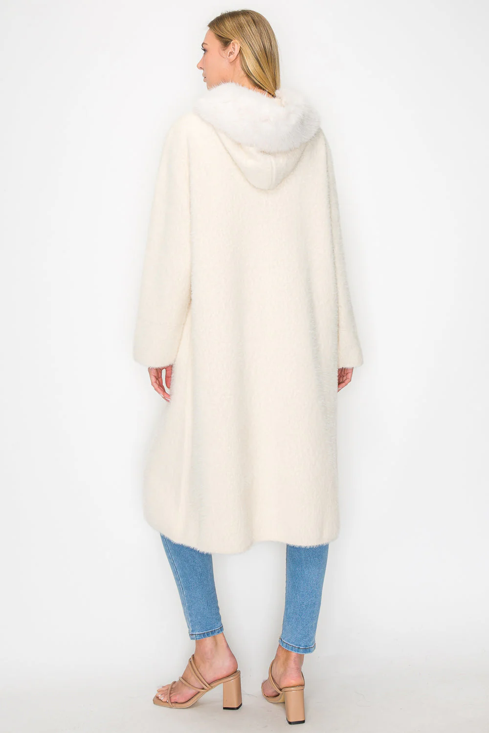 Suraya Knitted Brushed Coat in beige and white with faux fur hood by JOH APPAREL
