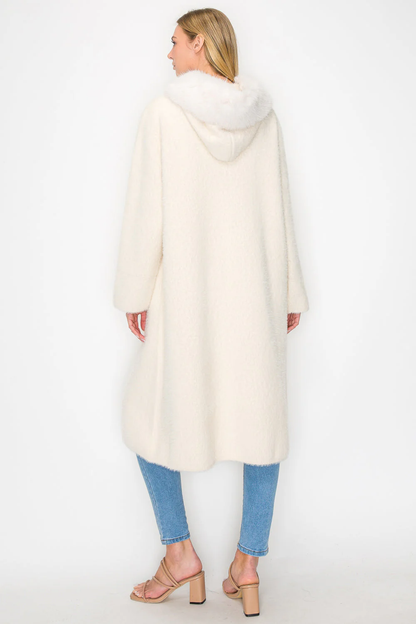Suraya Knitted Brushed Coat in beige and white with faux fur hood by JOH APPAREL