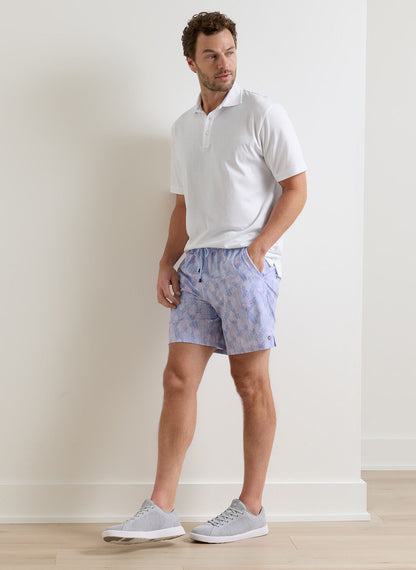 Sunset Palms Swim Trunk in blue multicolor geometric print with quick-dry stretch fabric