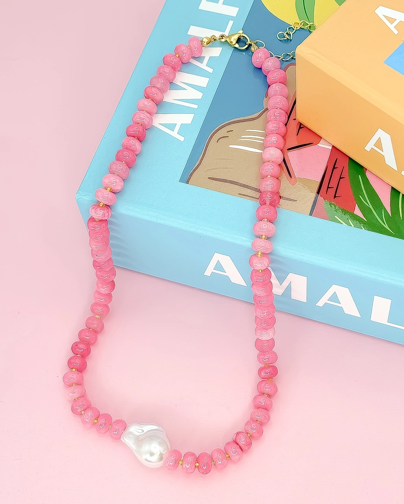 Blush Tide Necklace with soft pink beads and a pearl centerpiece, personally curated Fredericksburg TX