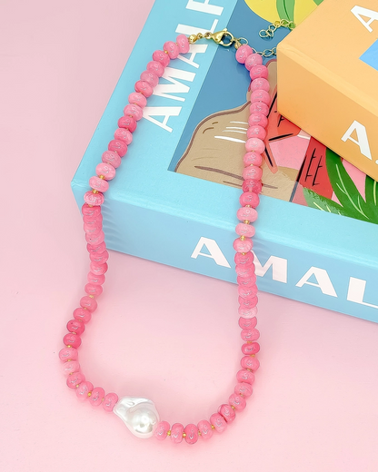 Blush Tide Necklace with soft pink beads and a pearl centerpiece, personally curated Fredericksburg TX