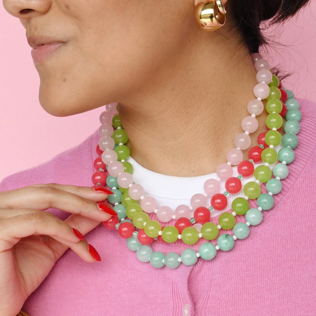 Love Big Necklace with vibrant green and red smooth beads, artisan style, curated Fredericksburg TX