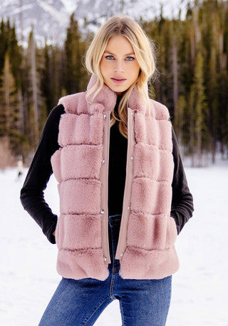 Rosewood faux-fur vest with front snap closure and plush horizontal blocks