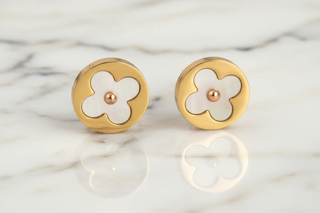 SS Gold Post Ear w/MOP Clover gold floral studs with mother-of-pearl charm by FOSSICK IMPORTS