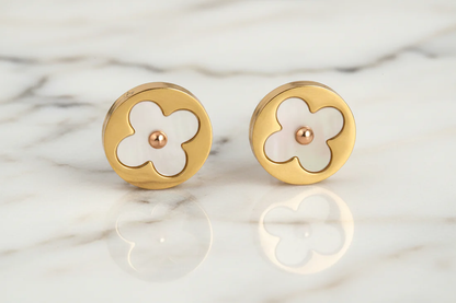 SS Gold Post Ear w/MOP Clover gold floral studs with mother-of-pearl charm by FOSSICK IMPORTS