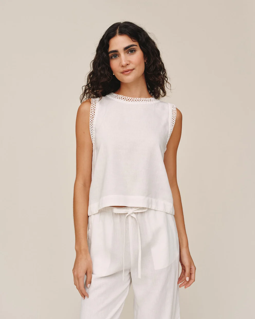 Sleeveless Crochet Edge Top in white with crew neckline and delicate crochet trim by BELLA DAHL