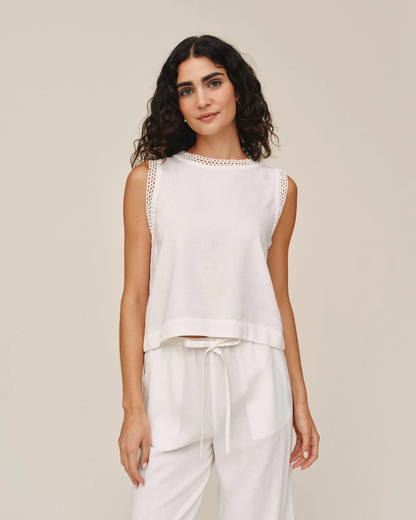Sleeveless Crochet Edge Top in white with crew neckline and delicate crochet trim by BELLA DAHL