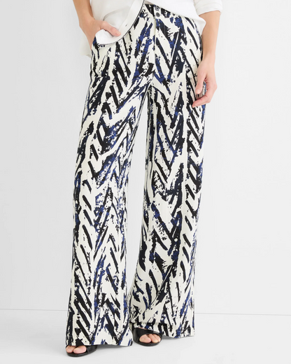 31" Indigo Crosshatch Linen Wide Leg Pant in multicolor with abstract pattern by NIC AND ZOE