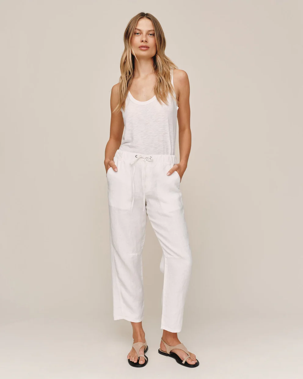 Soft Barrel Zip Front white stretchable pants with drawstring waist and pockets by BELLA DAHL