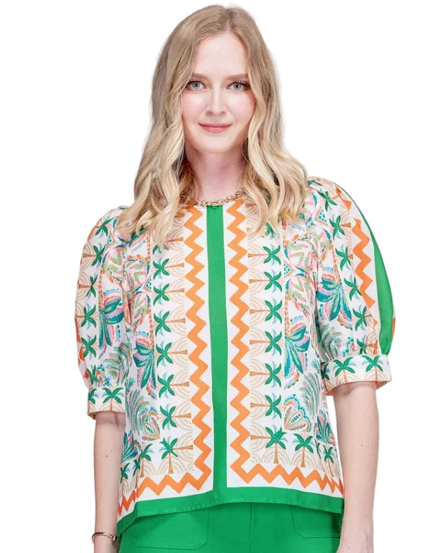 Short Sleeve Top - Palm Fiesta in vibrant green, orange, and cream linen-cotton blend by JADE
